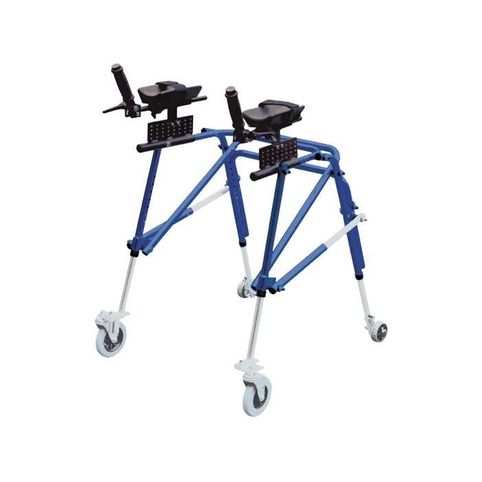 Blue and white walker with wheels on a white background Blue and white walker with wheels on a white background